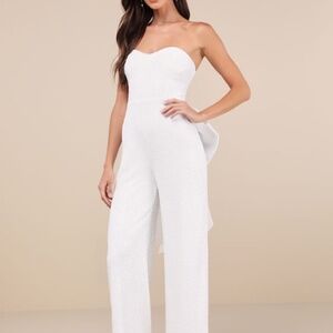 Lulus Mesmerizing Glow White Sequin Removable Bow Wide-leg Jumpsuit - Size XS